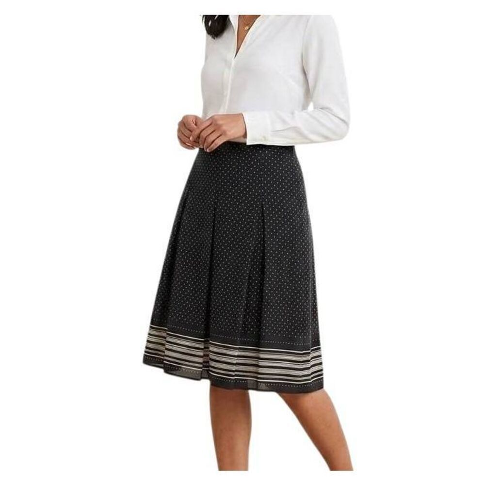Ann Taylor LOFT Black & White Dot Stripe Silk Pleated A-Line Midi Skirt Womens 8